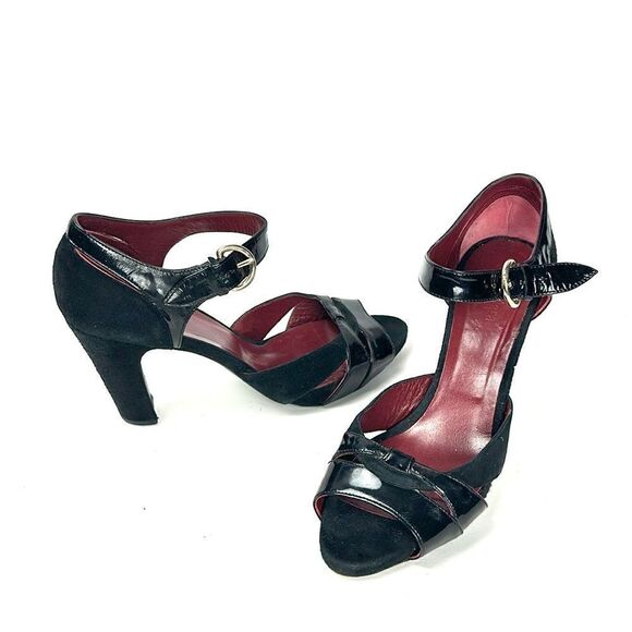 MaxMara Black Heels Suede Patent Leather Peep Toe Mary Jane Italy 40 US 10 - Picture 3 of 16